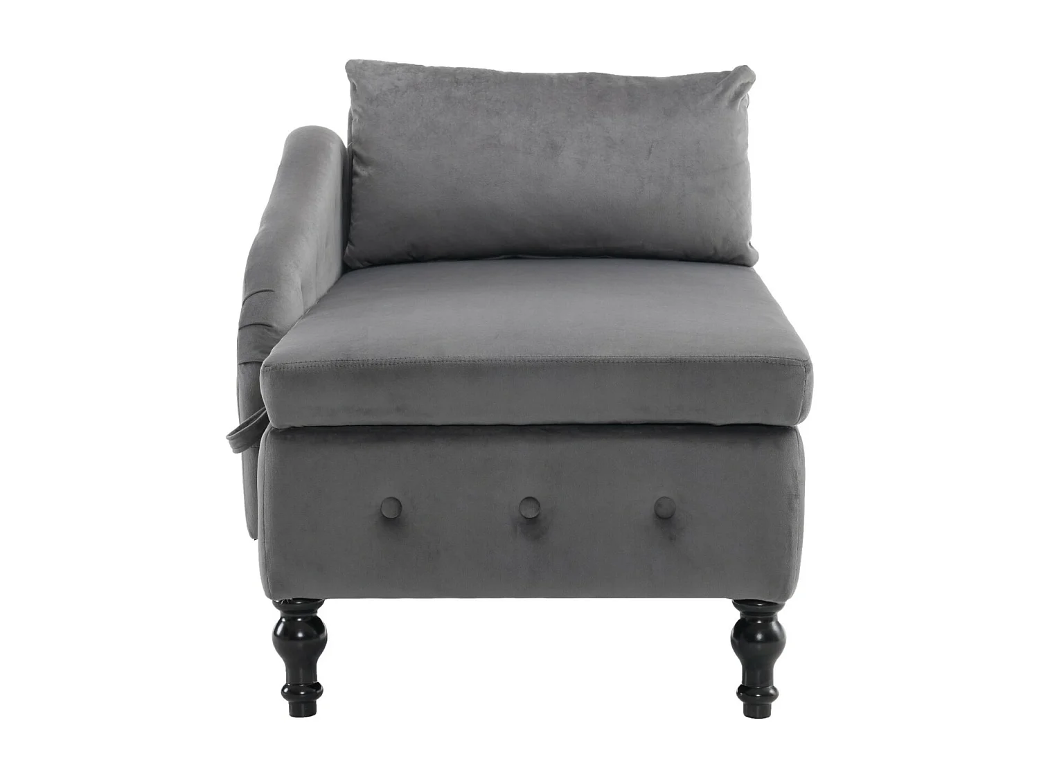 Chaise longue de veludo com costuras cravejadas e abotoadas, arrumação, almofadas