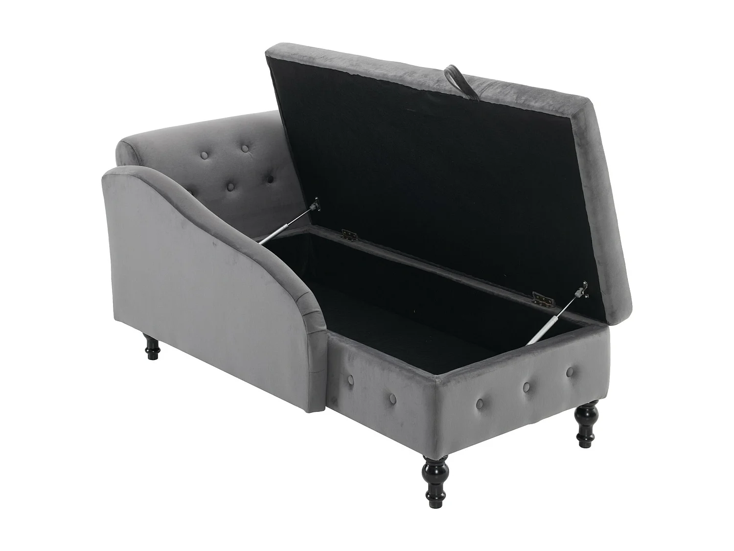 Chaise longue de veludo com costuras cravejadas e abotoadas, arrumação, almofadas