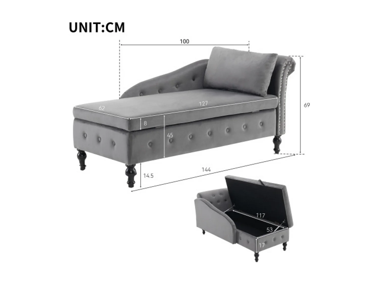 Fluwelen chaise longue met genopte en geknoopte naden, opbergruimte, kussens