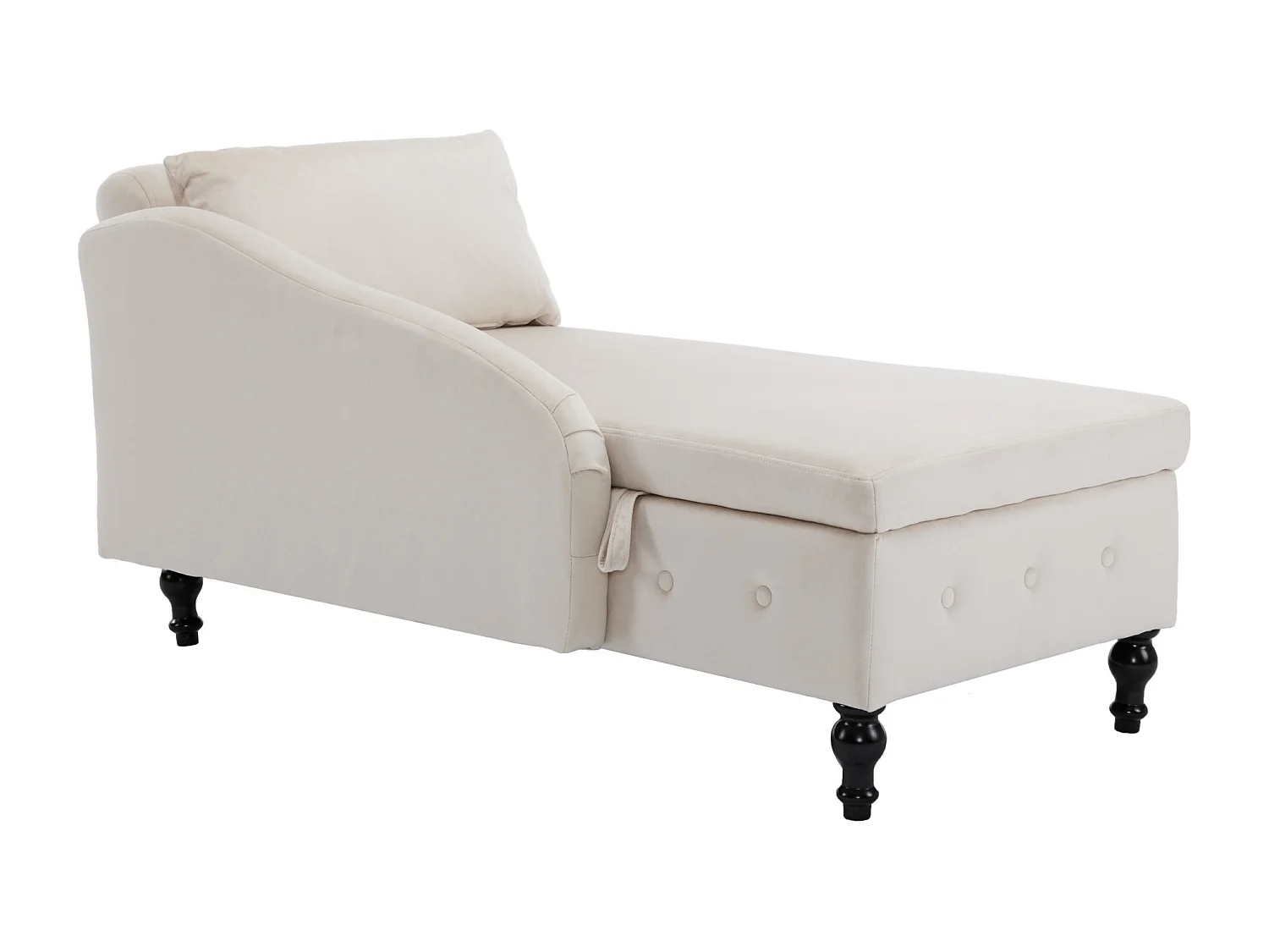 Chaise longue in velluto con rivetti e cuciture, contenitore, cuscino e bracciolo destro