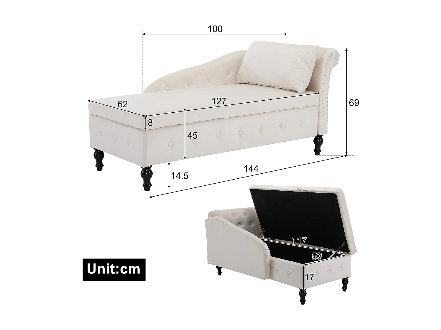 Chaise longue en velours avec rivets et surpiqûres, rangement, coussin et accoudoir droit