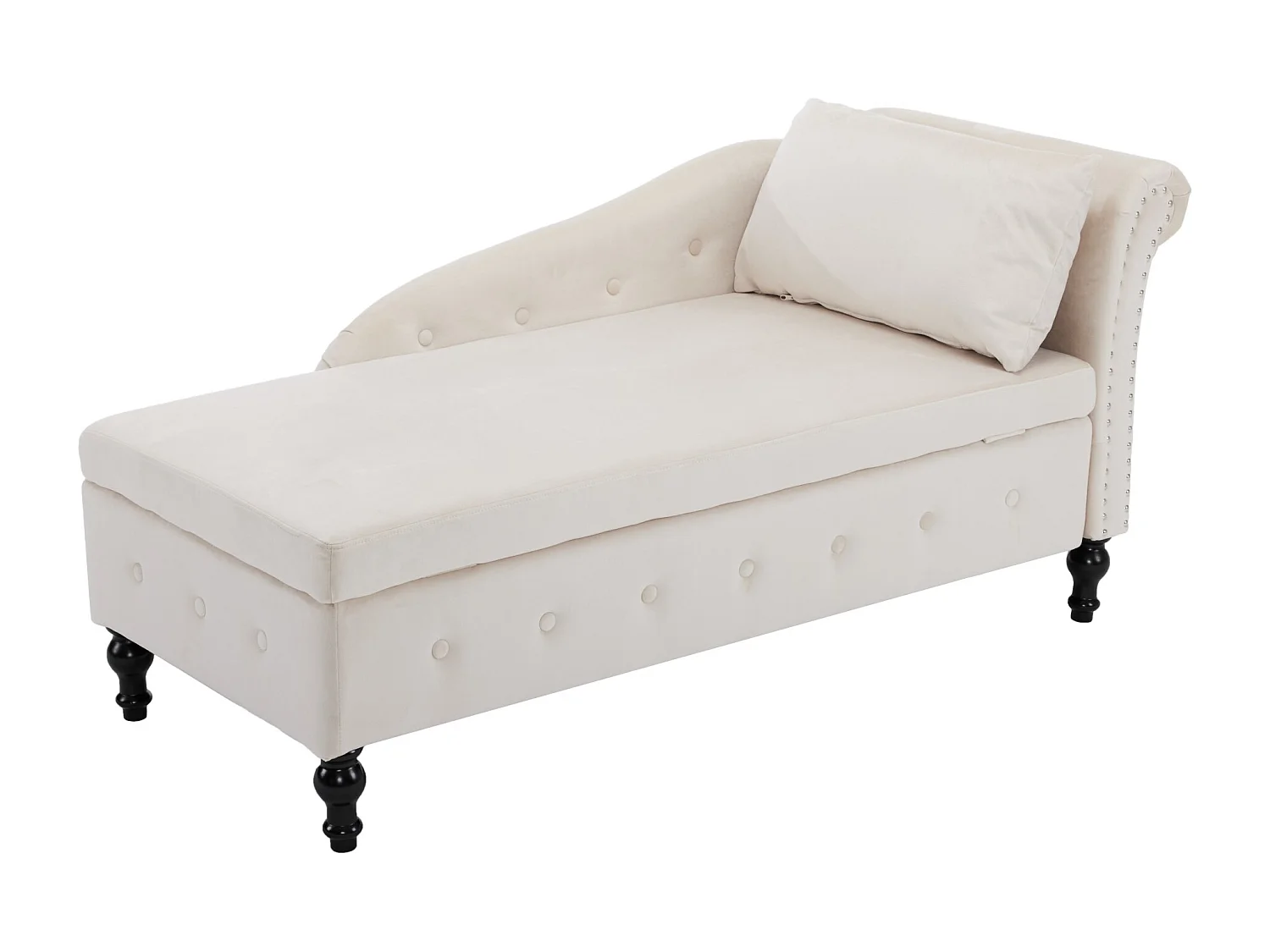 Chaise longue en velours avec rivets et surpiqûres, rangement, coussin et accoudoir droit