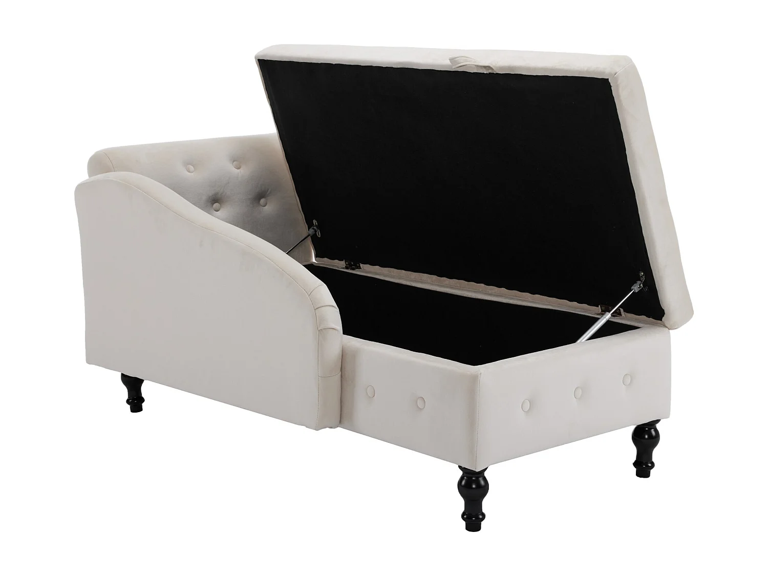 Chaise longue en velours avec rivets et surpiqûres, rangement, coussin et accoudoir droit