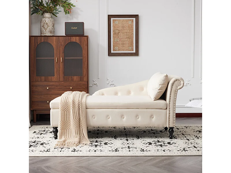 Chaise longue en velours avec rivets et surpiqûres, rangement, coussin et accoudoir droit