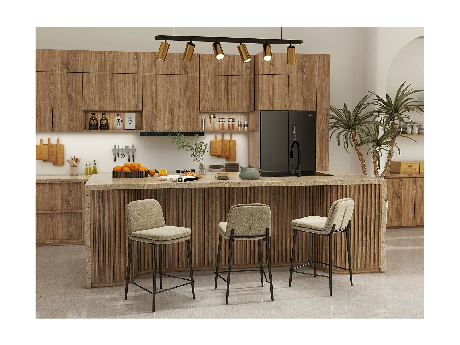 NOLAN-Chaise de bar en tissu Bouclé Grège (x2)