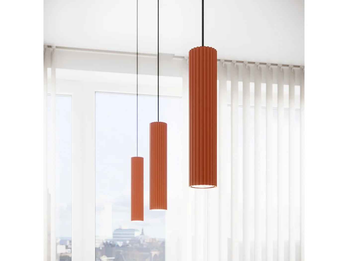 Lampada A Sospensione Karbon Minimalista Di Alluminio - 3 Sorgenti Luminose - L.45 X A.98 Cm - Ocra Rossa