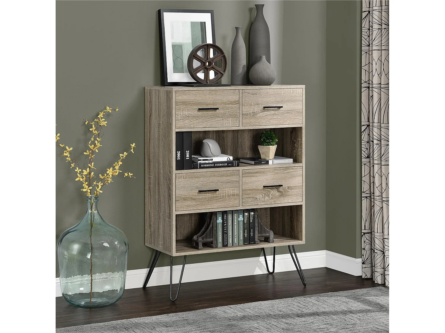 Landon | Bibliothèque avec 4 bacs en aspect chêne gris vieilli