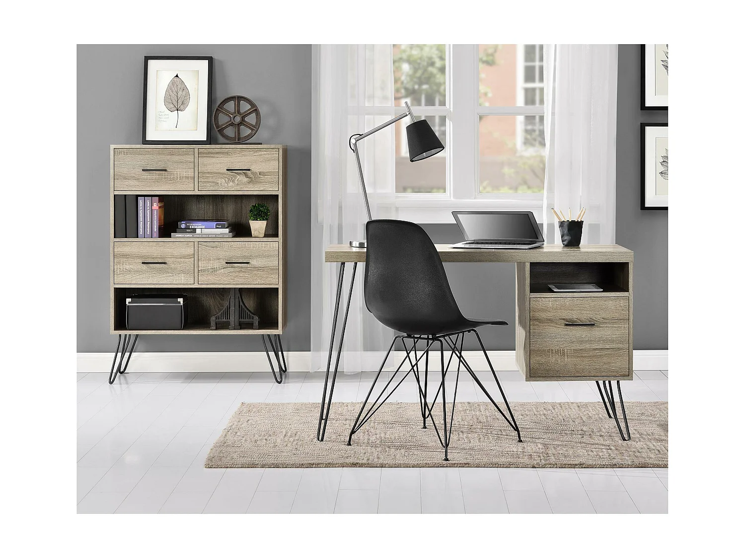 Landon | Bibliothèque avec 4 bacs en aspect chêne gris vieilli