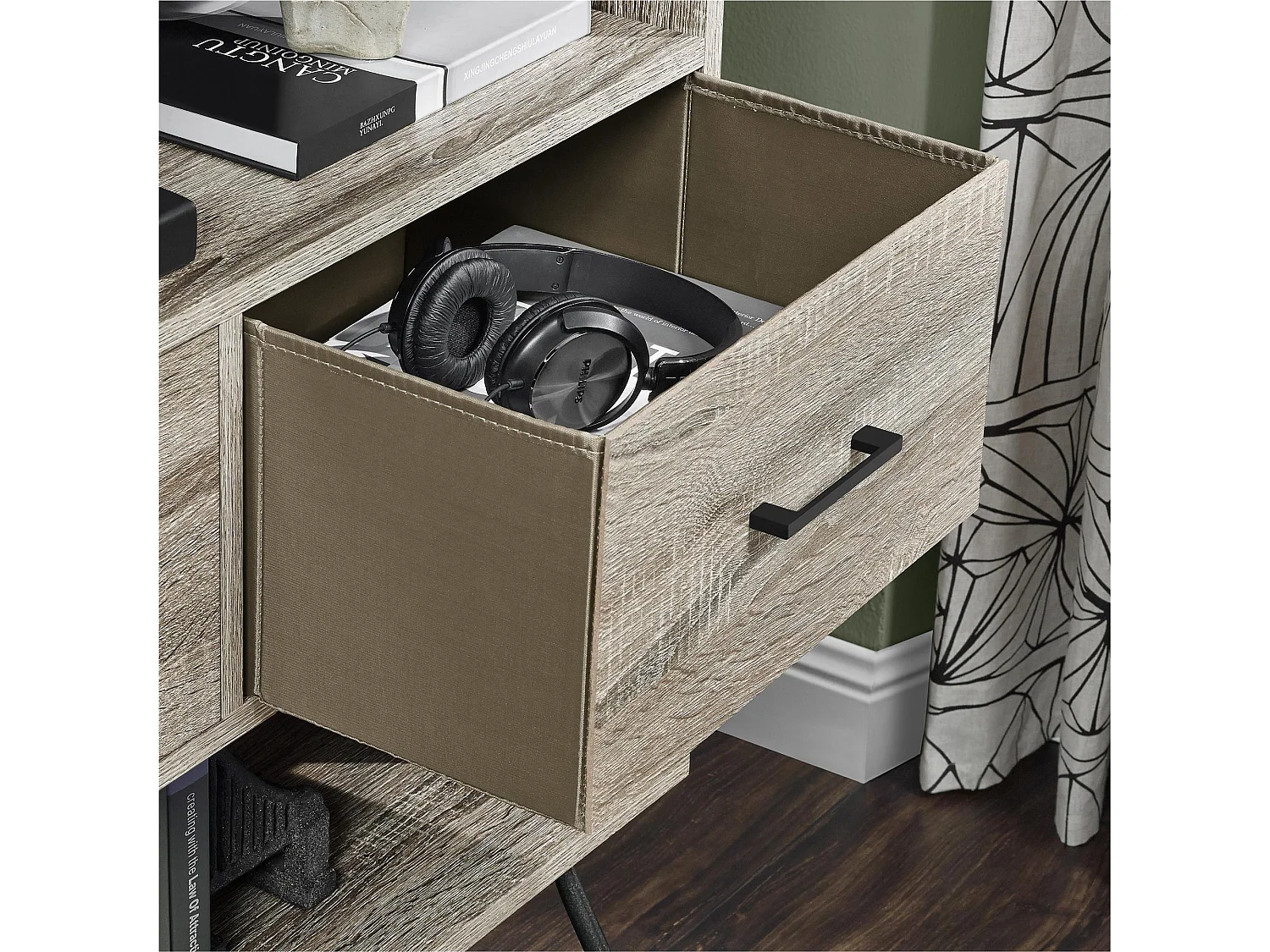 Landon | Bibliothèque avec 4 bacs en aspect chêne gris vieilli