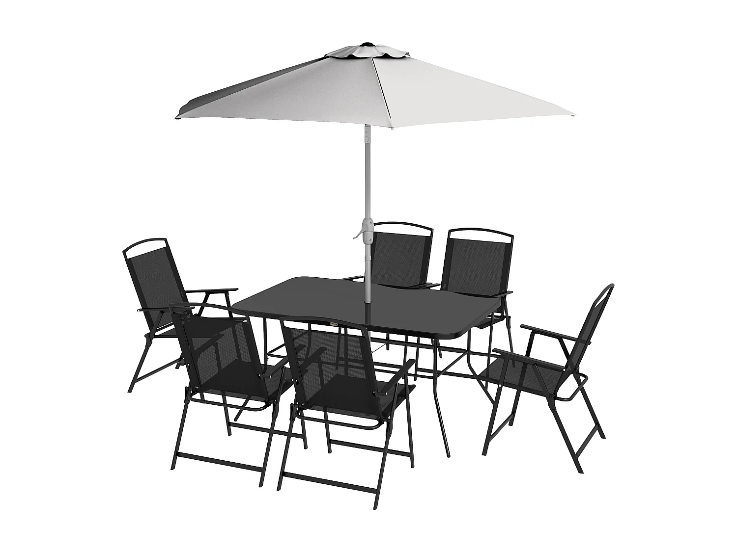Ensemble salon de jardin 6 places 8 pièces - parasol, table, 6 chaises pliantes - métal époxy textilène polyester noir gris