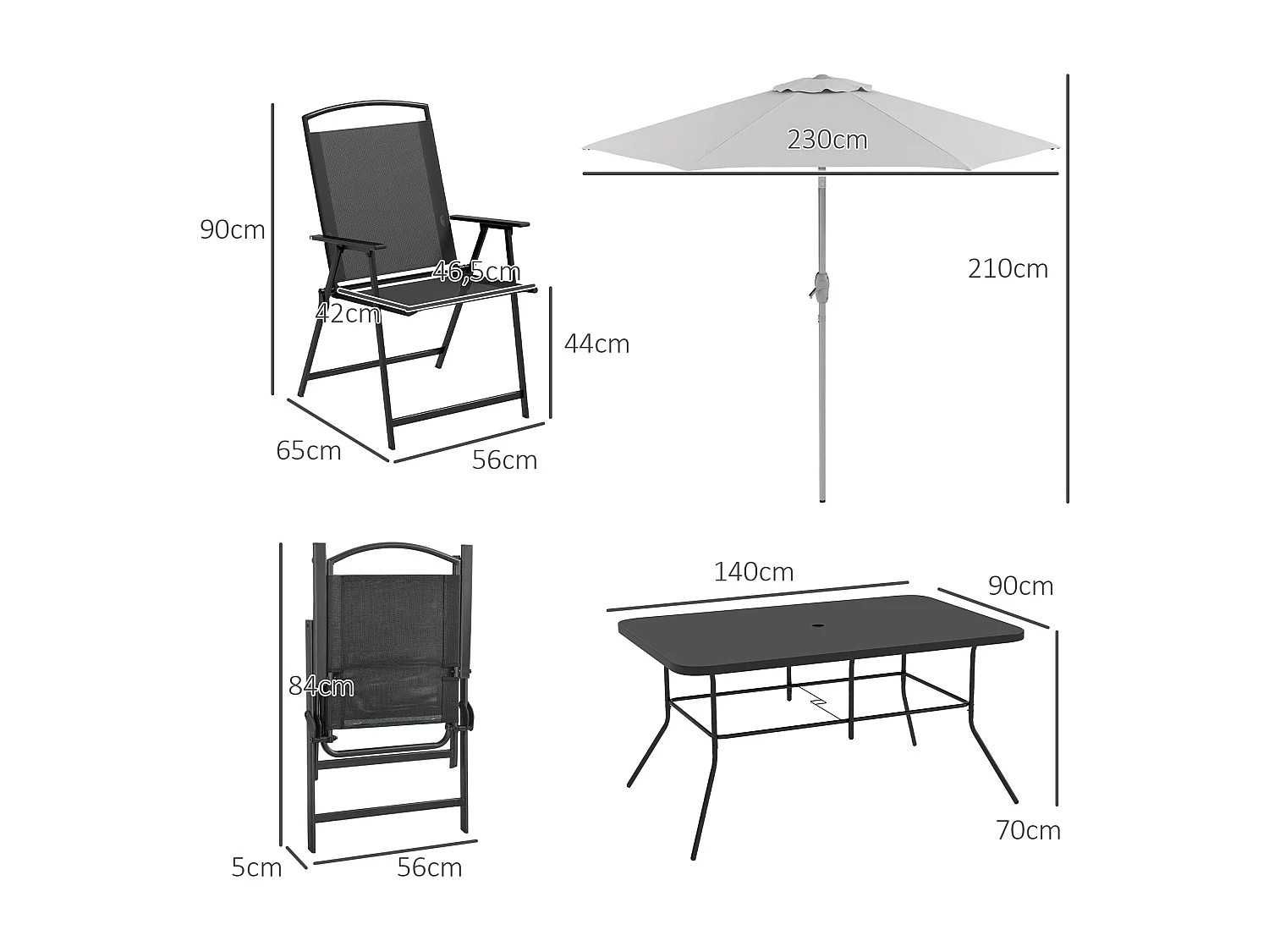 Ensemble salon de jardin 6 places 8 pièces - parasol, table, 6 chaises pliantes - métal époxy textilène polyester noir gris