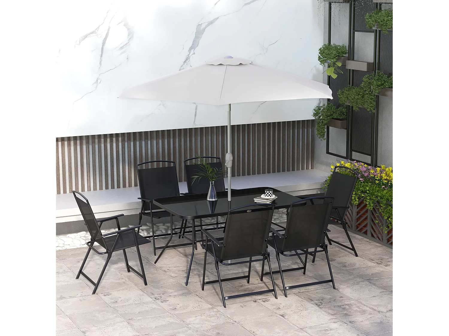Ensemble salon de jardin 6 places 8 pièces - parasol, table, 6 chaises pliantes - métal époxy textilène polyester noir gris
