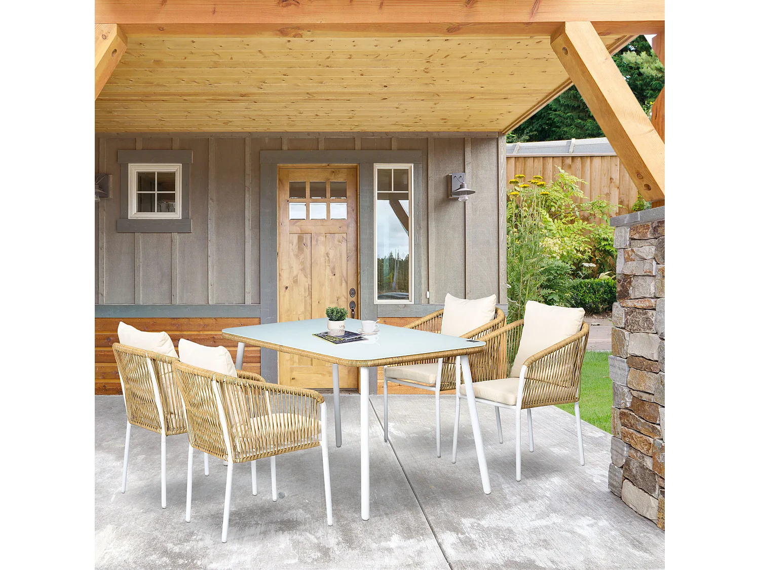 Salon de jardin 4 places 5 pièces table à manger chaises empilables coussins alu résine blanc beige