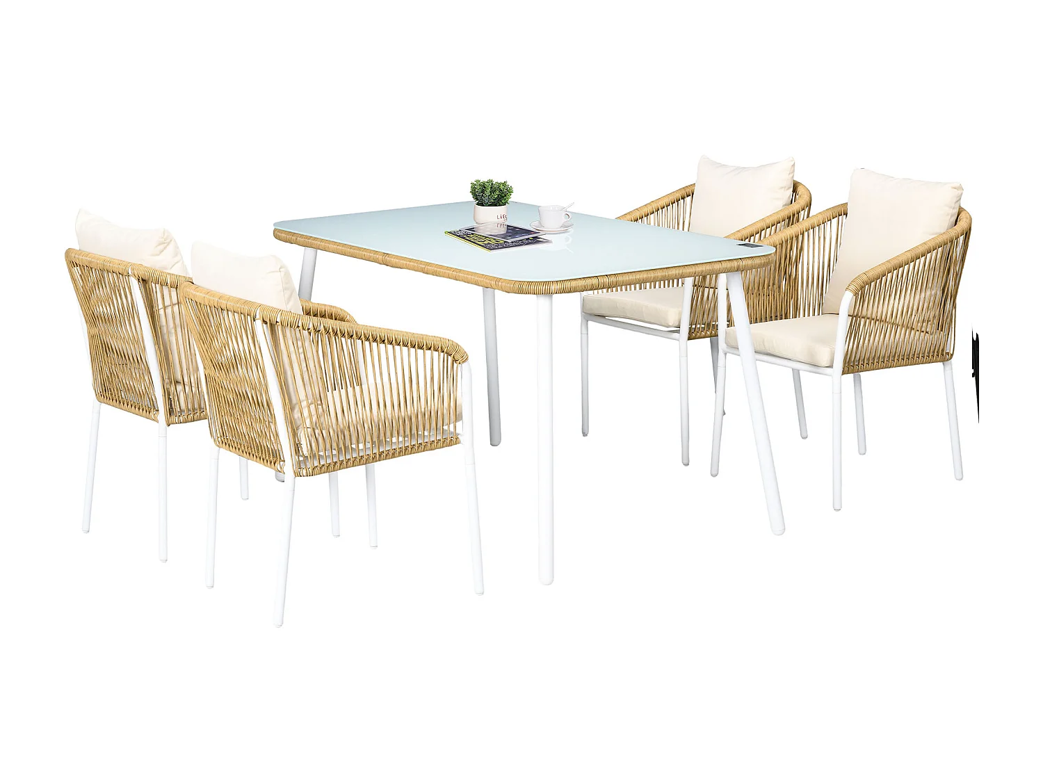 Salon de jardin 4 places 5 pièces table à manger chaises empilables coussins alu résine blanc beige