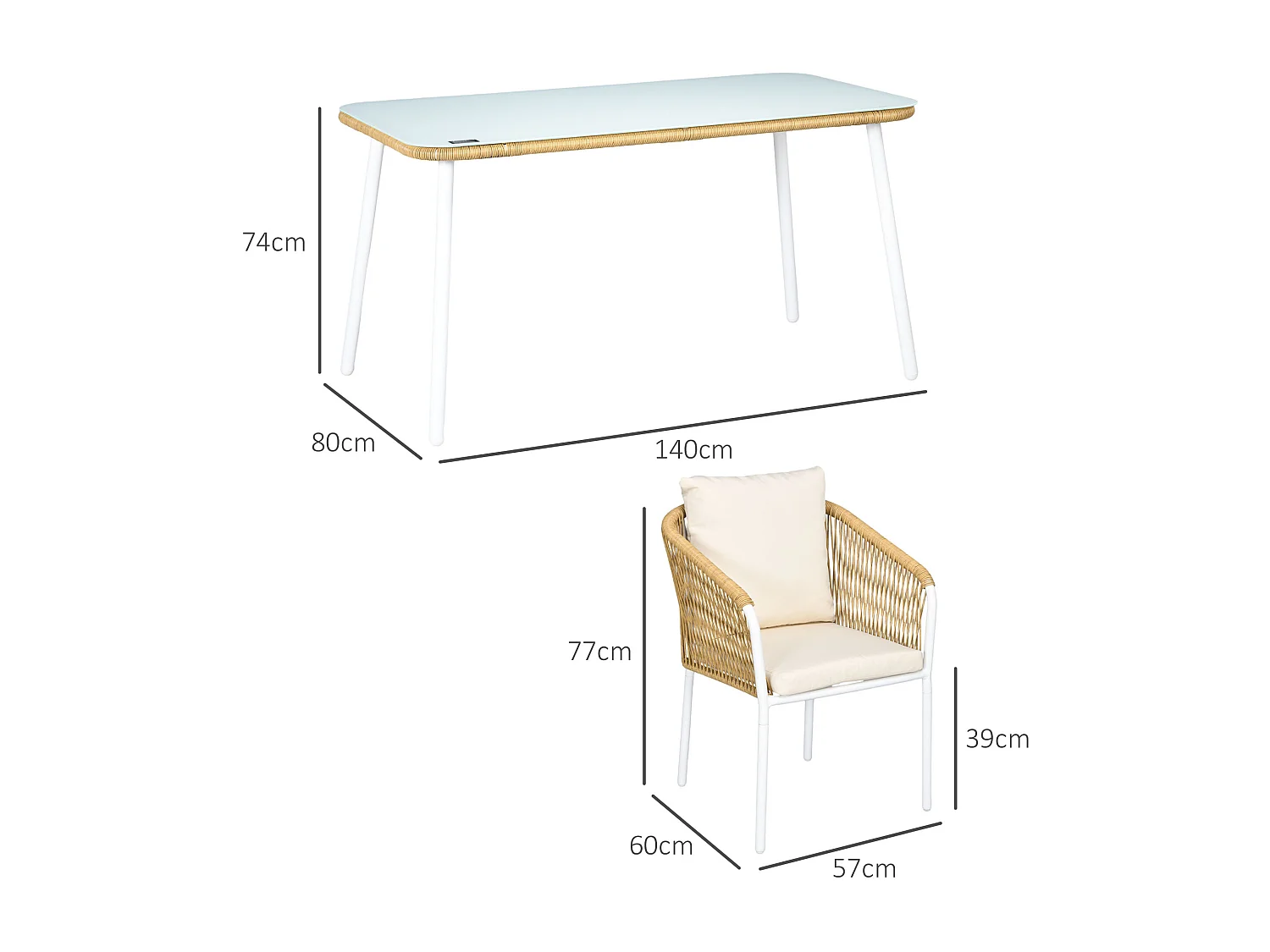 Salon de jardin 4 places 5 pièces table à manger chaises empilables coussins alu résine blanc beige