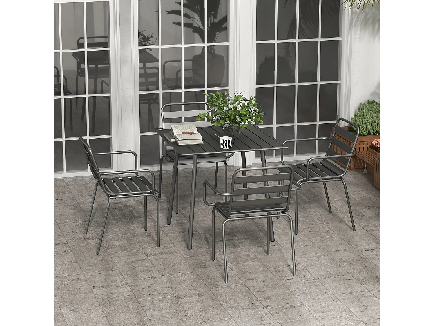 Salon de jardin 4 places 5 pièces - table à manger 4 chaises empilables - acier thermolaqué gris