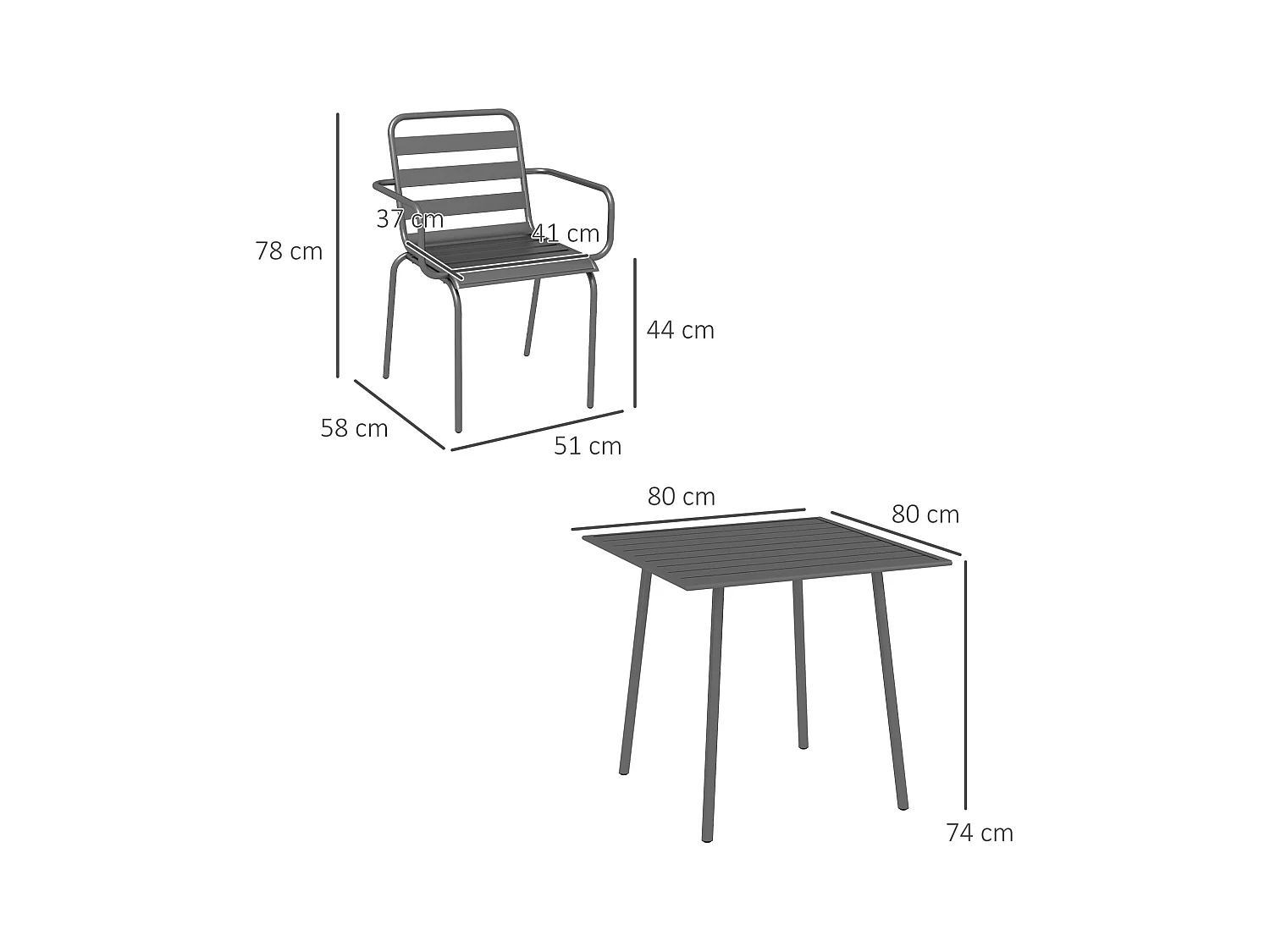 Salon de jardin 4 places 5 pièces - table à manger 4 chaises empilables - acier thermolaqué gris