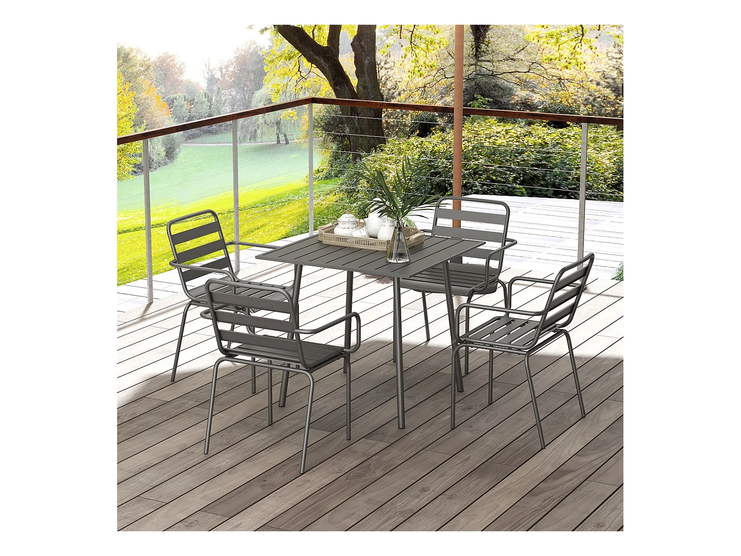 Salon de jardin 4 places 5 pièces - table à manger 4 chaises empilables - acier thermolaqué gris