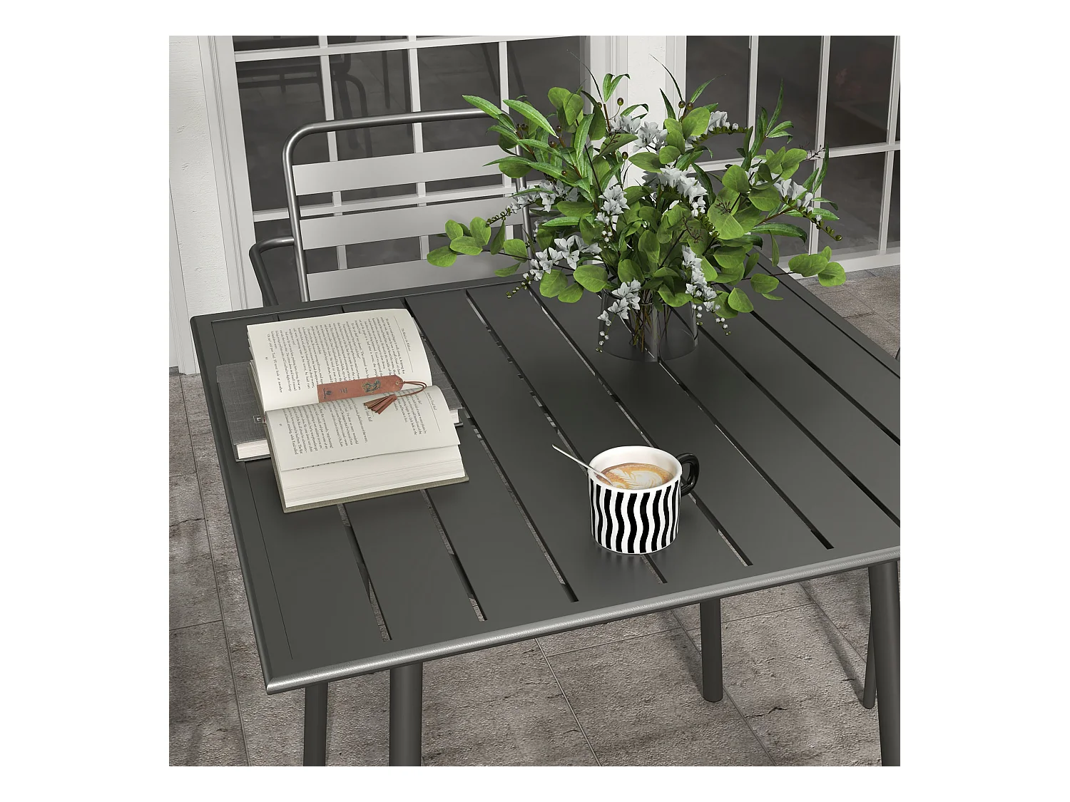 Salon de jardin 4 places 5 pièces - table à manger 4 chaises empilables - acier thermolaqué gris