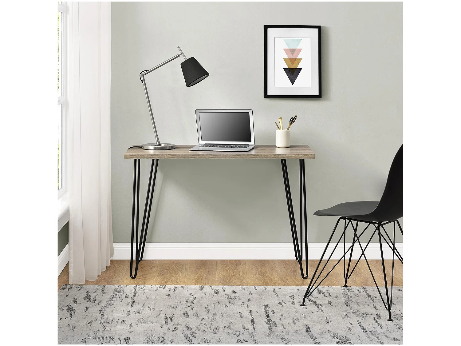 Owen | Bureau d'ordinateur en aspect chêne avec pieds en métal noir