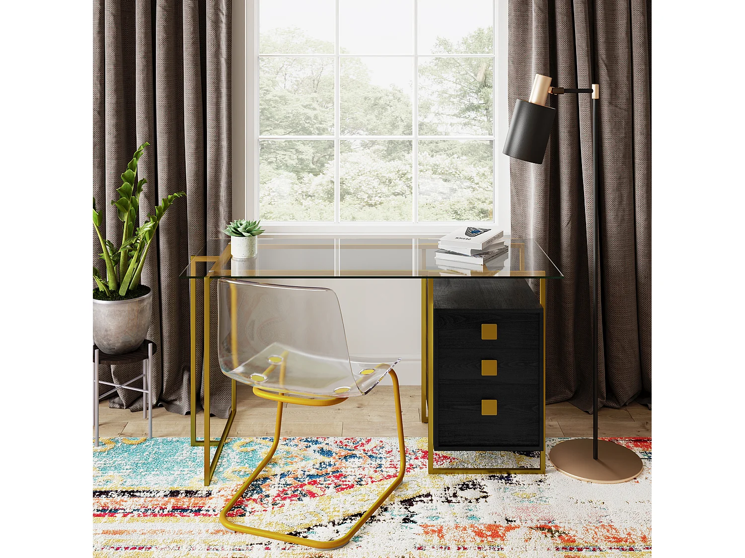 Morgan | Bureau avec plateau en verre et cadre en métal doré