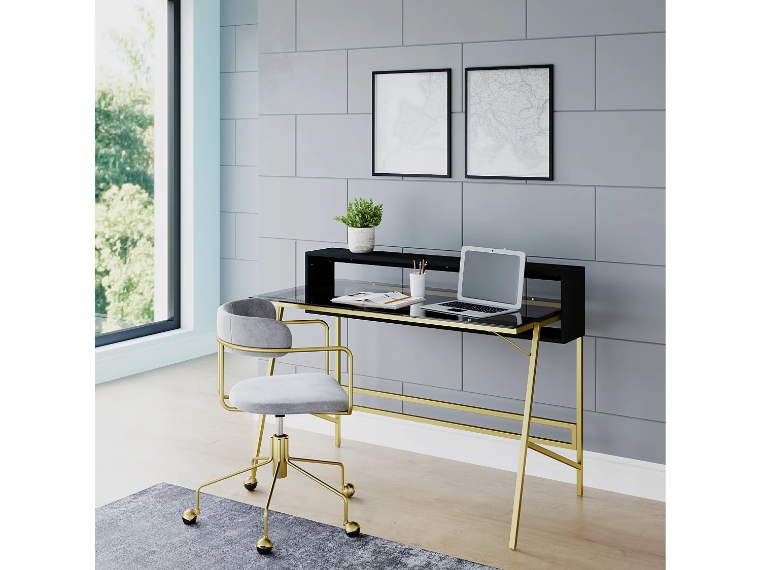 Morgan | Escritorio con tapa de cristal y estructura de metal dorado