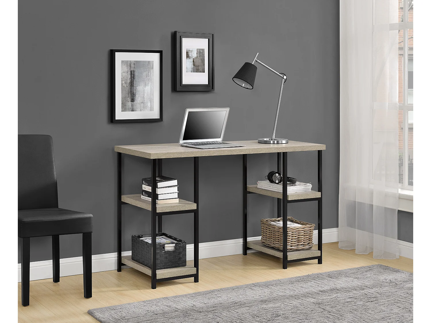 Elmwood | Escritorio con 4 estantes en efecto roble