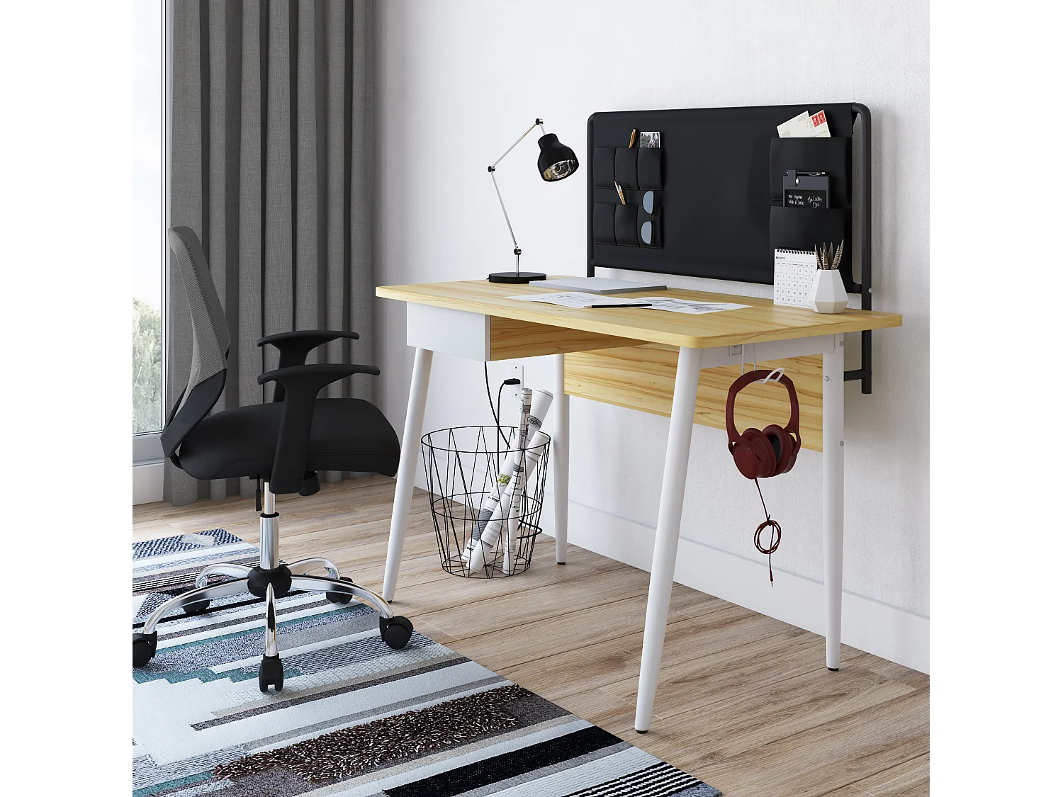 Freemont | Bureau en blanc avec rangement en tissu noir