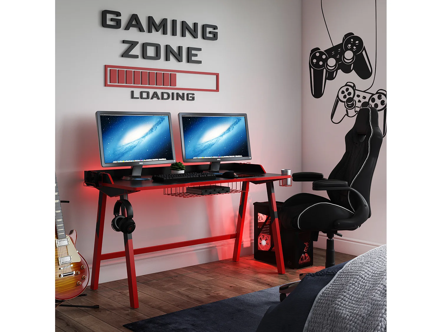 Fuego | Escritorio de juego con estructura de metal negro/rojo