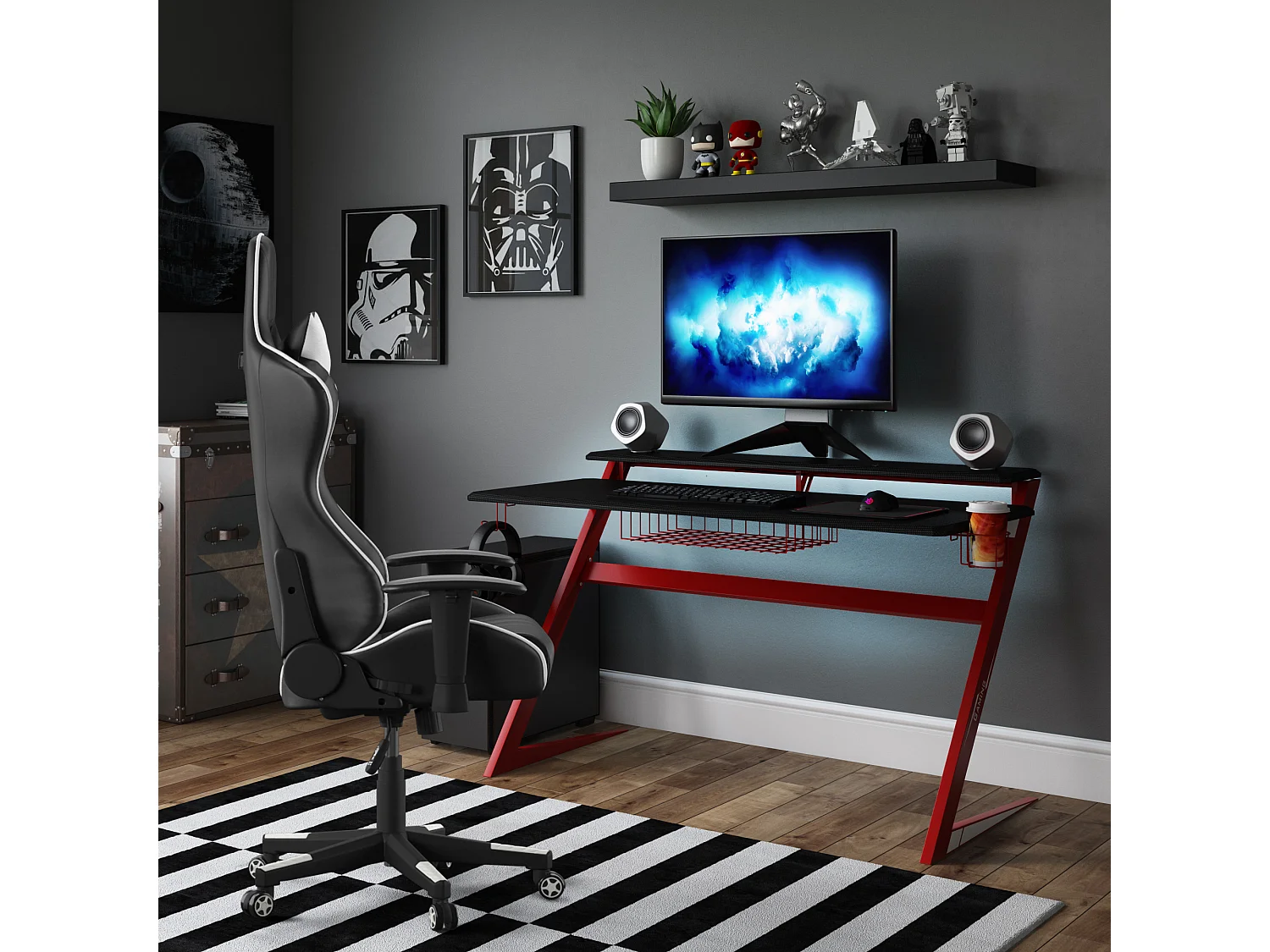 Aries | Bureau de jeu avec cadre en métal noir / rouge