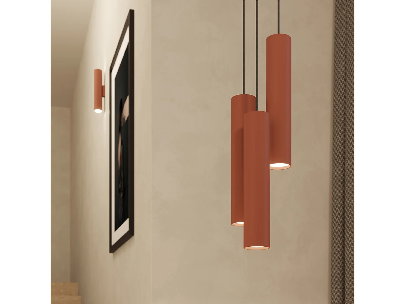 Lampada A Sospensione Lagos Soppalco Di Acciaio - 2 Sorgenti Luminose - L.30 X A.105 Cm - Ocra Rossa