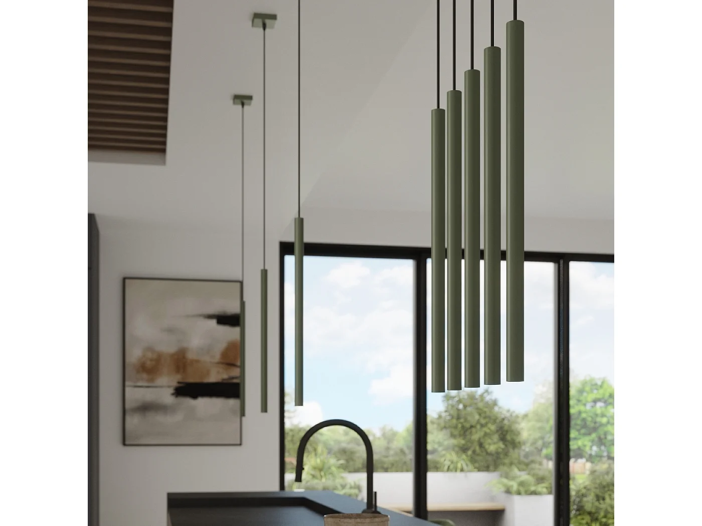 Lampe À Suspension Pastelo Moderne En Acier - 3 Sources Lumineuses - L.30 X H.94 Cm - Vert Olive