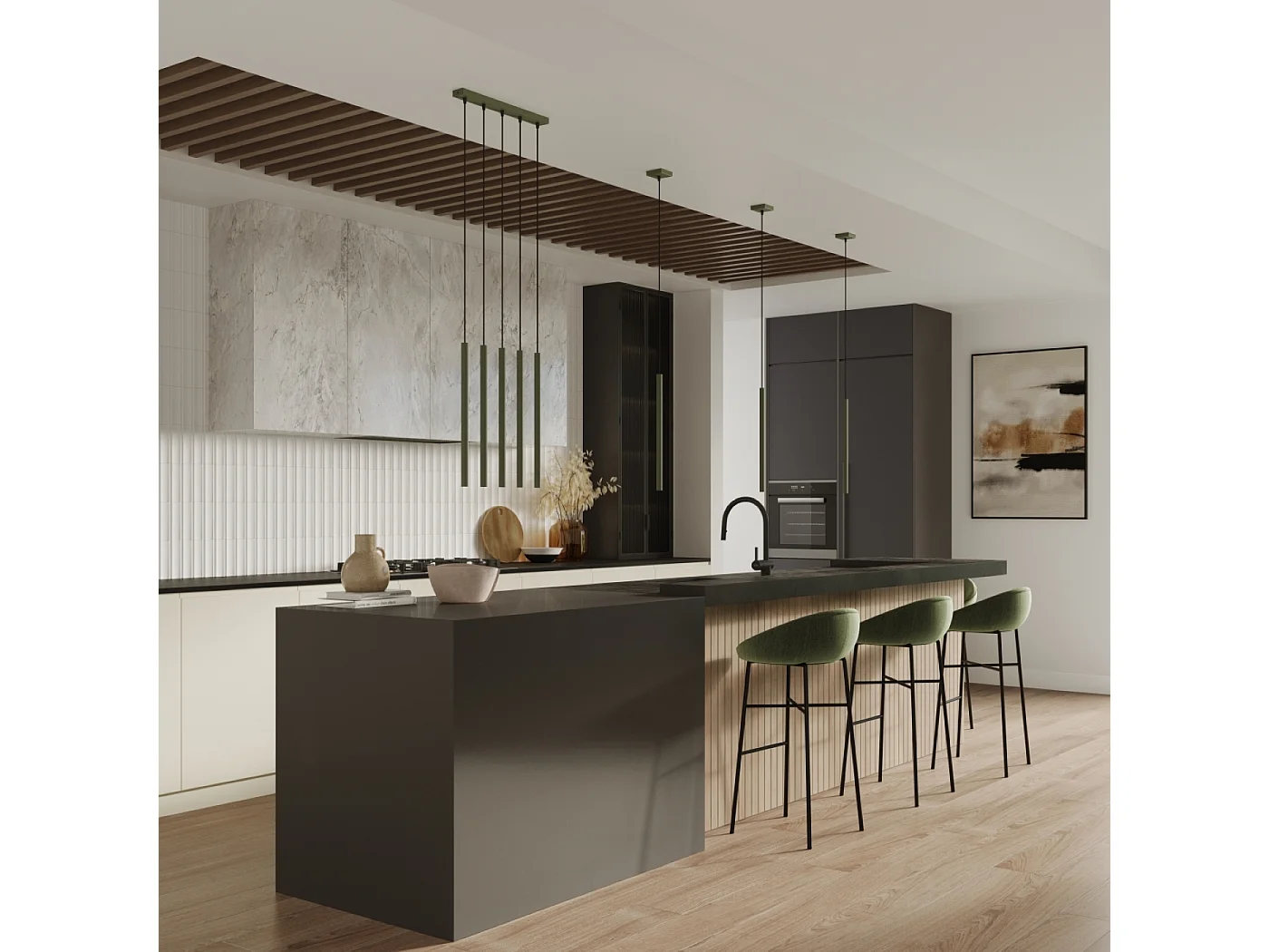 Pendelleuchte Pastelo Modern Aus  Stahl - 5 Lichtquellen - L.25 X H. Cm - Olivgrün