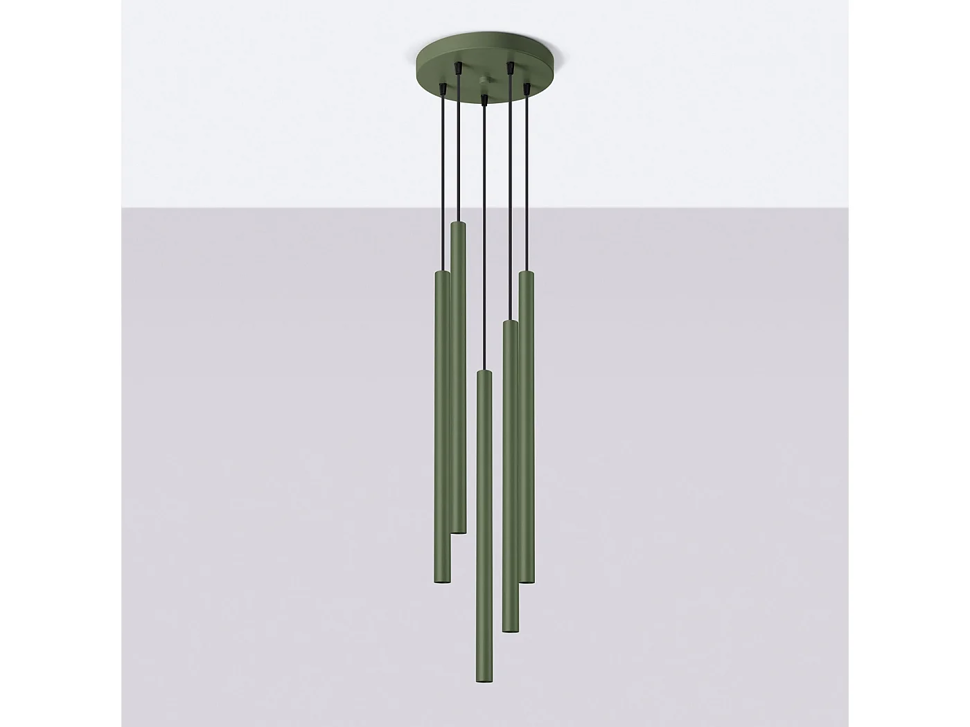 Lampada a sospensione PASTELO moderno di acciaio - 5 sorgenti luminose - L.25 x A.104 cm - verde oliva