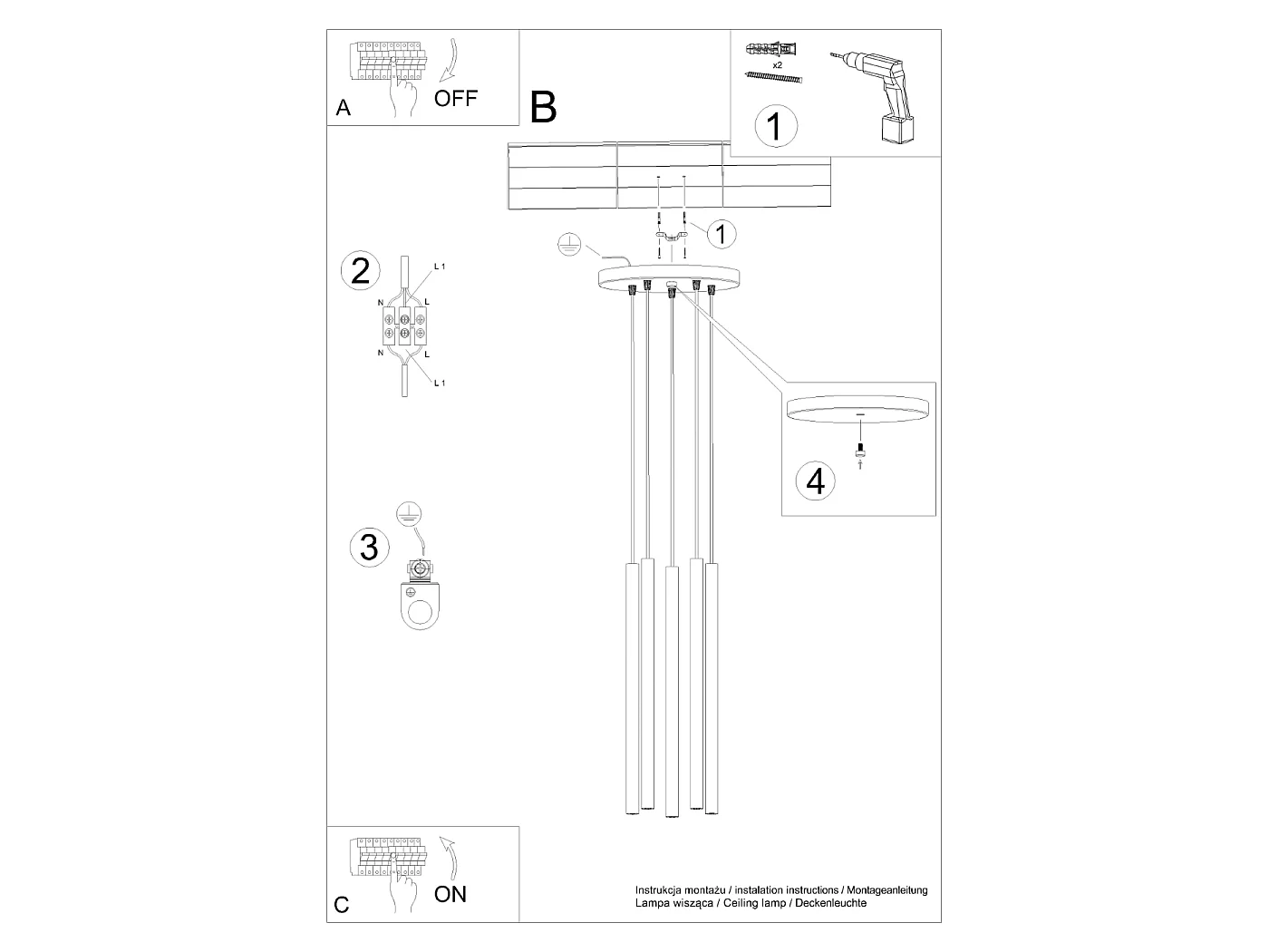 Lampada a sospensione PASTELO moderno di acciaio - 5 sorgenti luminose - L.25 x A.104 cm - verde oliva