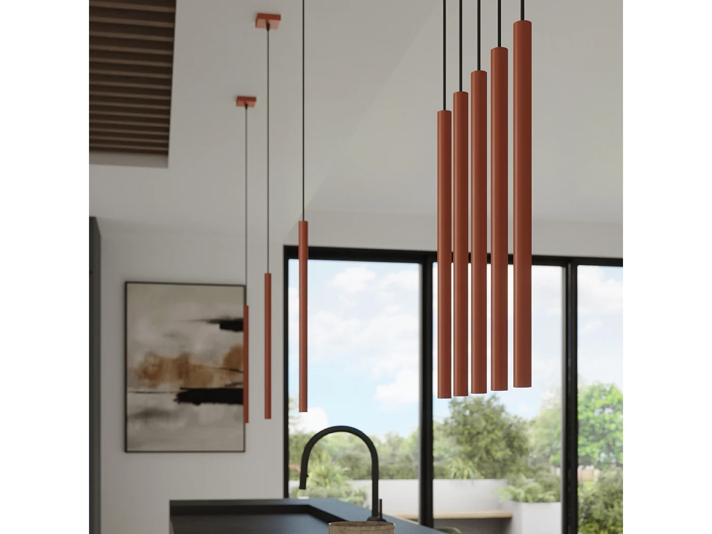 Lampe À Suspension Pastelo Moderne En Acier - 3 Sources Lumineuses - L.19,5 X H.104 Cm - Ocre Rouge