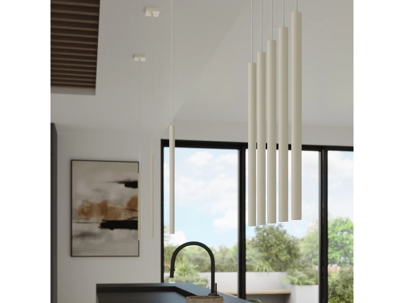 Lampe À Suspension Pastelo Moderne En Acier - 3 Sources Lumineuses - L.19,5 X H.104 Cm - Beige