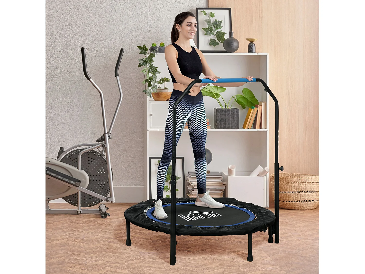 Trampoline de fitness gym pliable - poignée réglable, 28 ressorts - Ø 102 cm - noir bleu