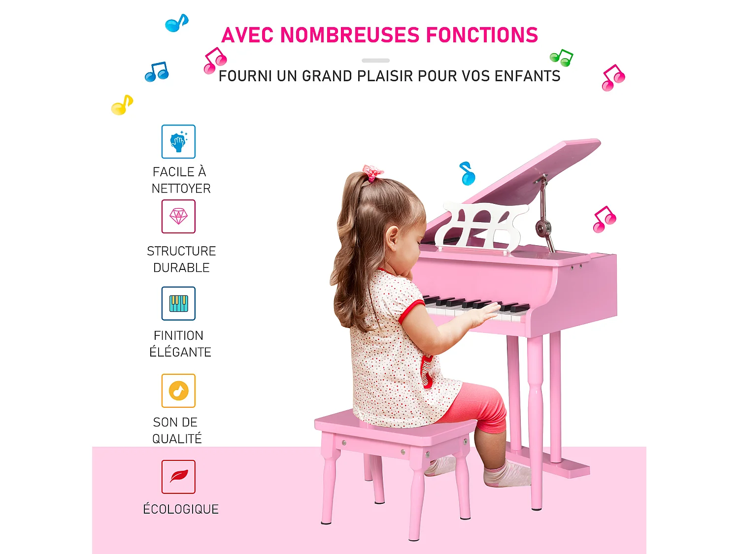 Piano à queue électronique 37 touches multifonctions avec micro haut parleur rose