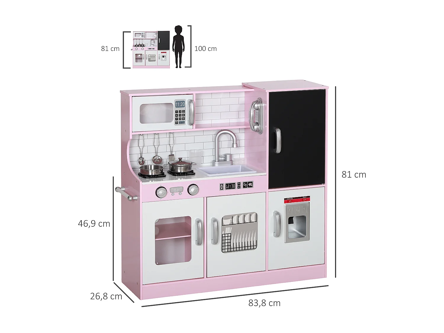 Cuisine enfant - jouet d'imitation cuisine multi-équipée - 5 accessoires acier inox - blanc rose