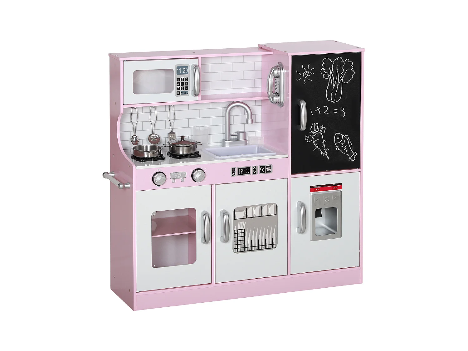 Cuisine enfant - jouet d'imitation cuisine multi-équipée - 5 accessoires acier inox - blanc rose