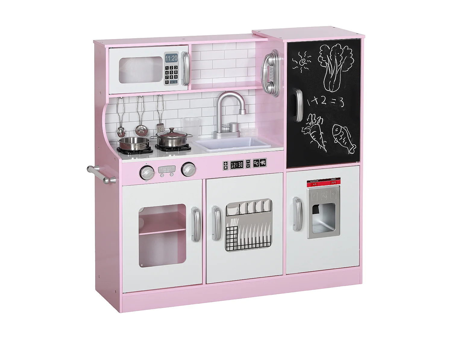 Cuisine enfant - jouet d'imitation cuisine multi-équipée - 5 accessoires acier inox - blanc rose