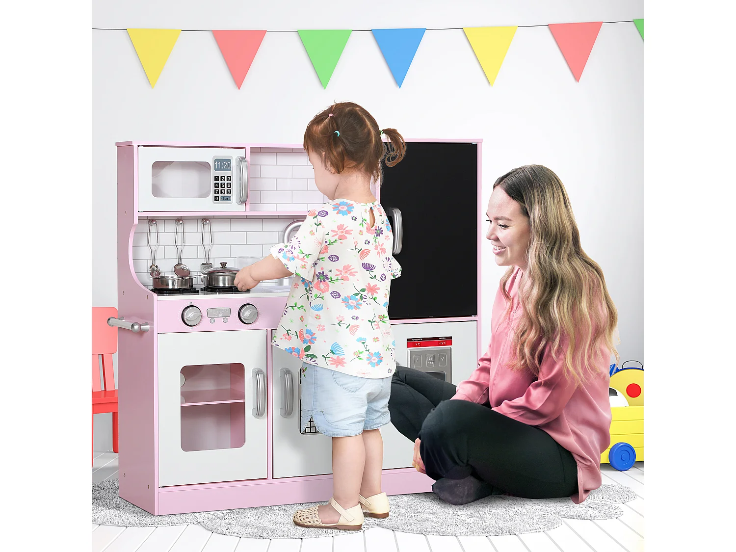 Cuisine enfant - jouet d'imitation cuisine multi-équipée - 5 accessoires acier inox - blanc rose