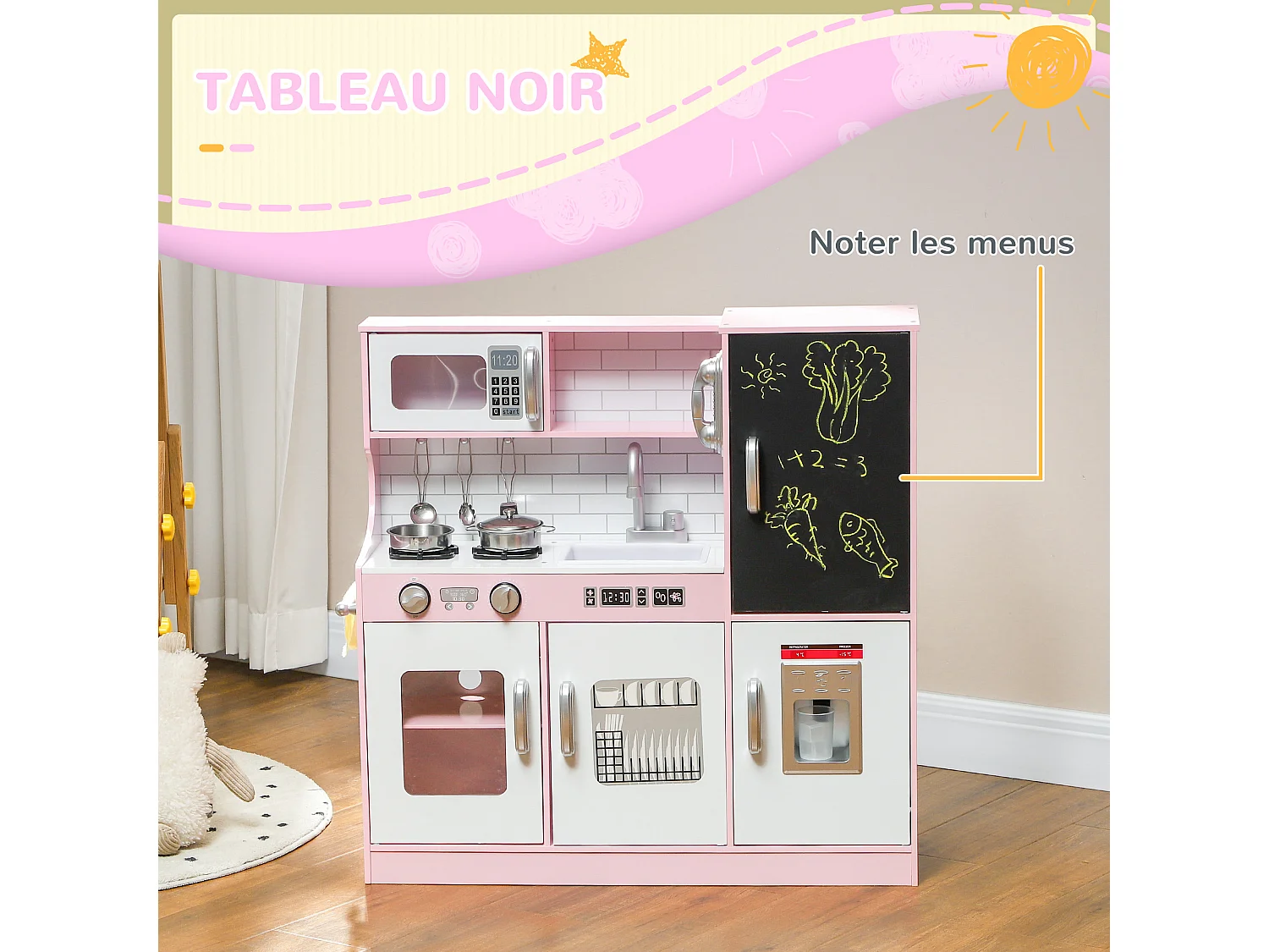 Cuisine enfant - jouet d'imitation cuisine multi-équipée - 5 accessoires acier inox - blanc rose
