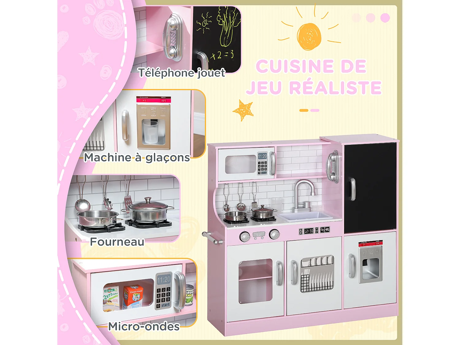 Cuisine enfant - jouet d'imitation cuisine multi-équipée - 5 accessoires acier inox - blanc rose