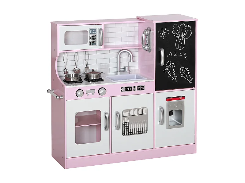 Cuisine enfant - jouet d'imitation cuisine multi-équipée - 5 accessoires acier inox - blanc rose
