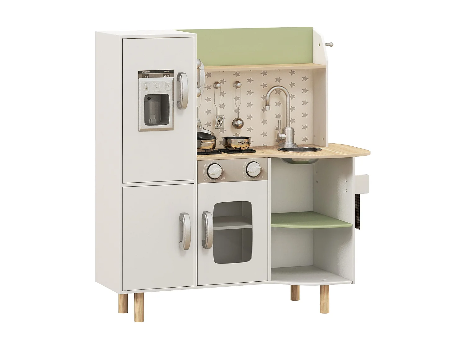 Cuisine pour enfant jeu d'imitation nombreux accessoires rangements évier réfrigérateur téléphone four blanc bois vert