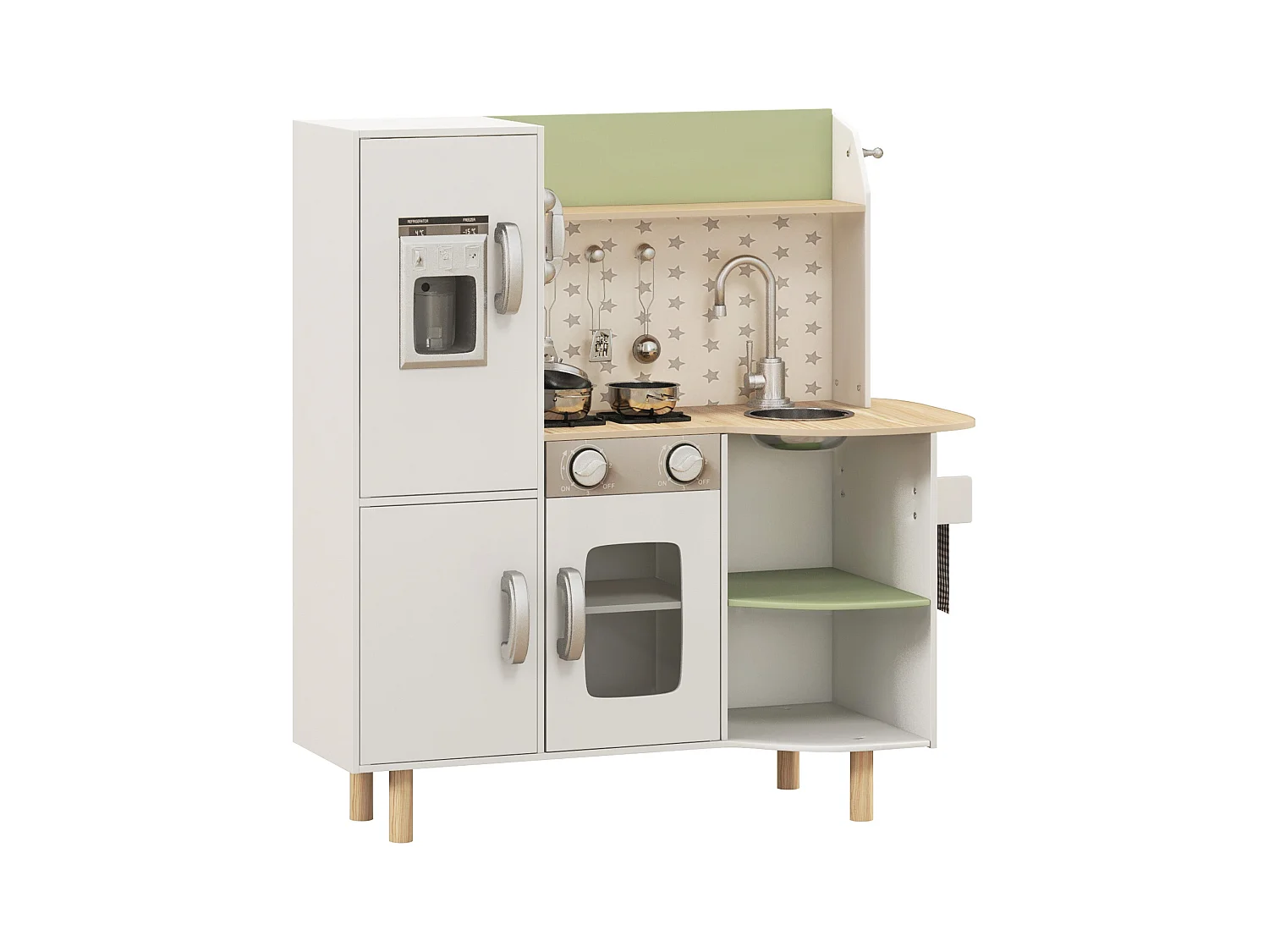 Cuisine pour enfant jeu d'imitation nombreux accessoires rangements évier réfrigérateur téléphone four blanc bois vert