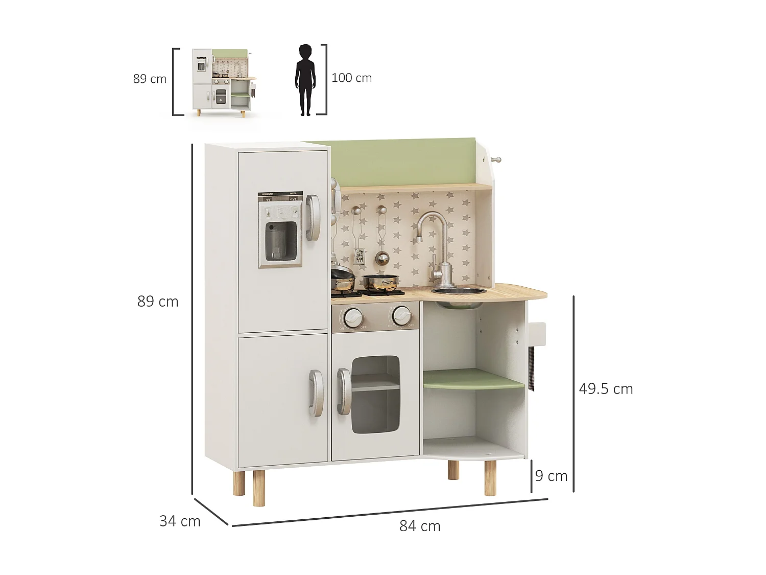Cuisine pour enfant jeu d'imitation nombreux accessoires rangements évier réfrigérateur téléphone four blanc bois vert