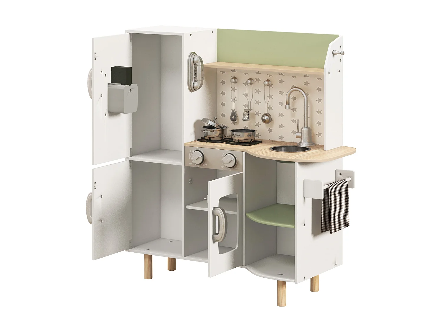 Cuisine pour enfant jeu d'imitation nombreux accessoires rangements évier réfrigérateur téléphone four blanc bois vert